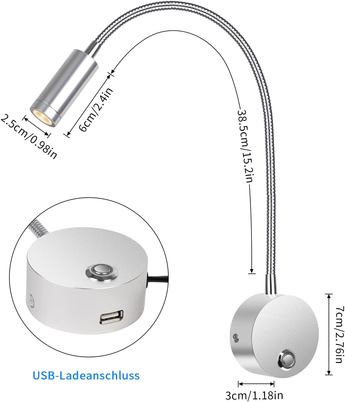 Measurement chart of a flexible LED reading lamp with USB connection.