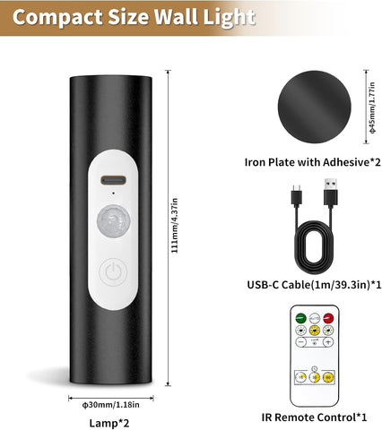 Motion Sensor Wall Lights Indoor - Rechargeable Battery Operated Wall Sconces with Remote Control, Wireless LED Wall Lamp for Hallway, Stair, Bedroom, Living Room, Black Metal, 2 Pack