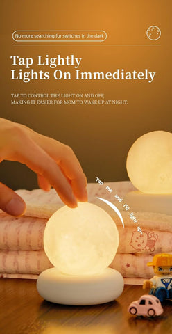 Lighting device with text indicating ease of use and control, placed on a surface with toys.