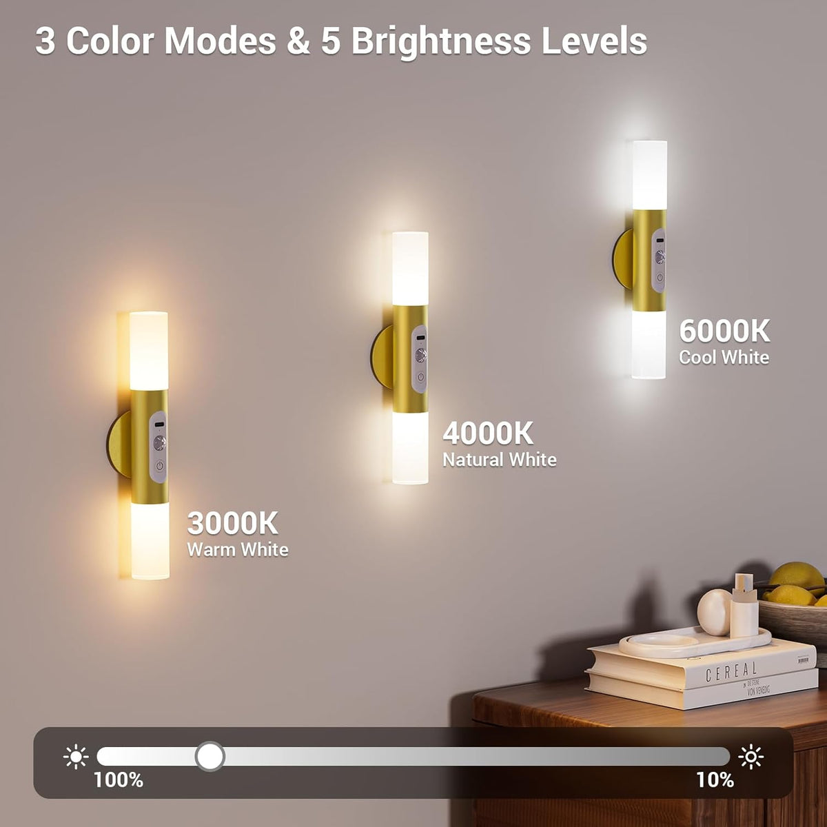 Sensor Sconce Rechargeable Motion Sensor Wall Sconces with Remote Control, Gold