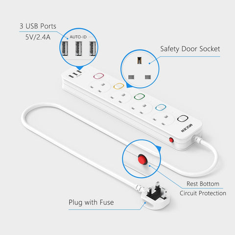 Mscien Extension Lead with 4 Sockets, 3 USB Ports, 3m Cable & Individual Switches – Keep Your Desk Tidy and Your Everyday Devices Within Reach