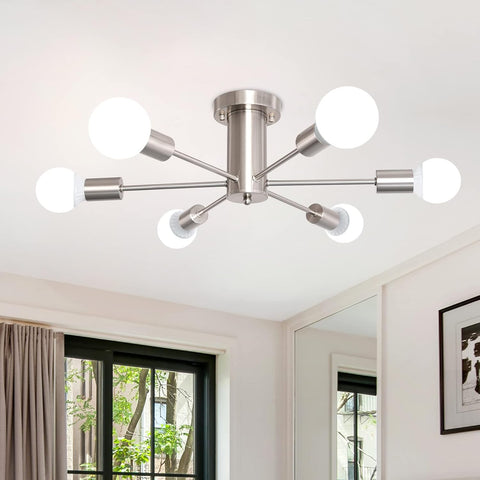 Modern ceiling light fixture in a room with a window and mirror.