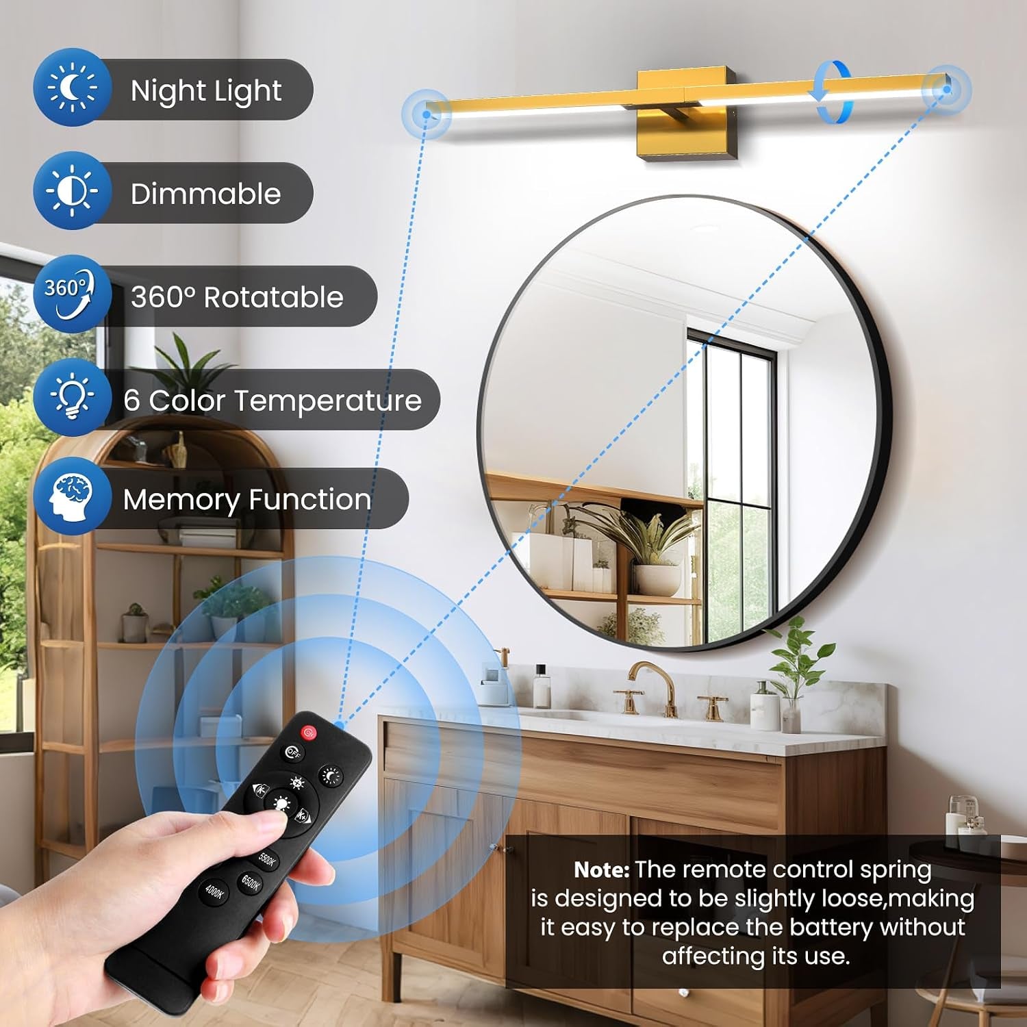 32Inch Modern Bathroom Vanity Light with Rotatable Bar,20W LED Mirror Light | Gold Finish, over Mirror or Wall Mounted, Dimmable 6CCT (2700K-6500K)Warm/Natural/White Light IP44 for Living Room Bedroom