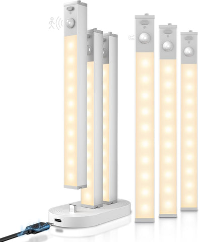GOODEA Small Wardrobe Lights Motion Sensor with Charging Station 18cm, 6pcs – Rechargeable LED Cabinet & Under Cupboard Lights, 3000K Warm White - Let Dark Corners Switch On When You Need Them
