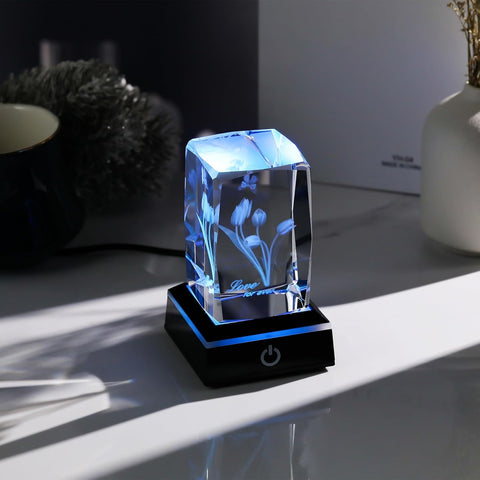 3D Crystal Tulip with Butterfly Keepsake and LED Light Base, Romantic Floral Gift for Her