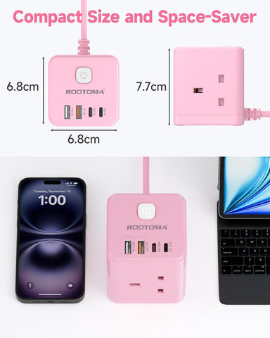Pink multi-port charger with dimensions and smartphone display on a white background