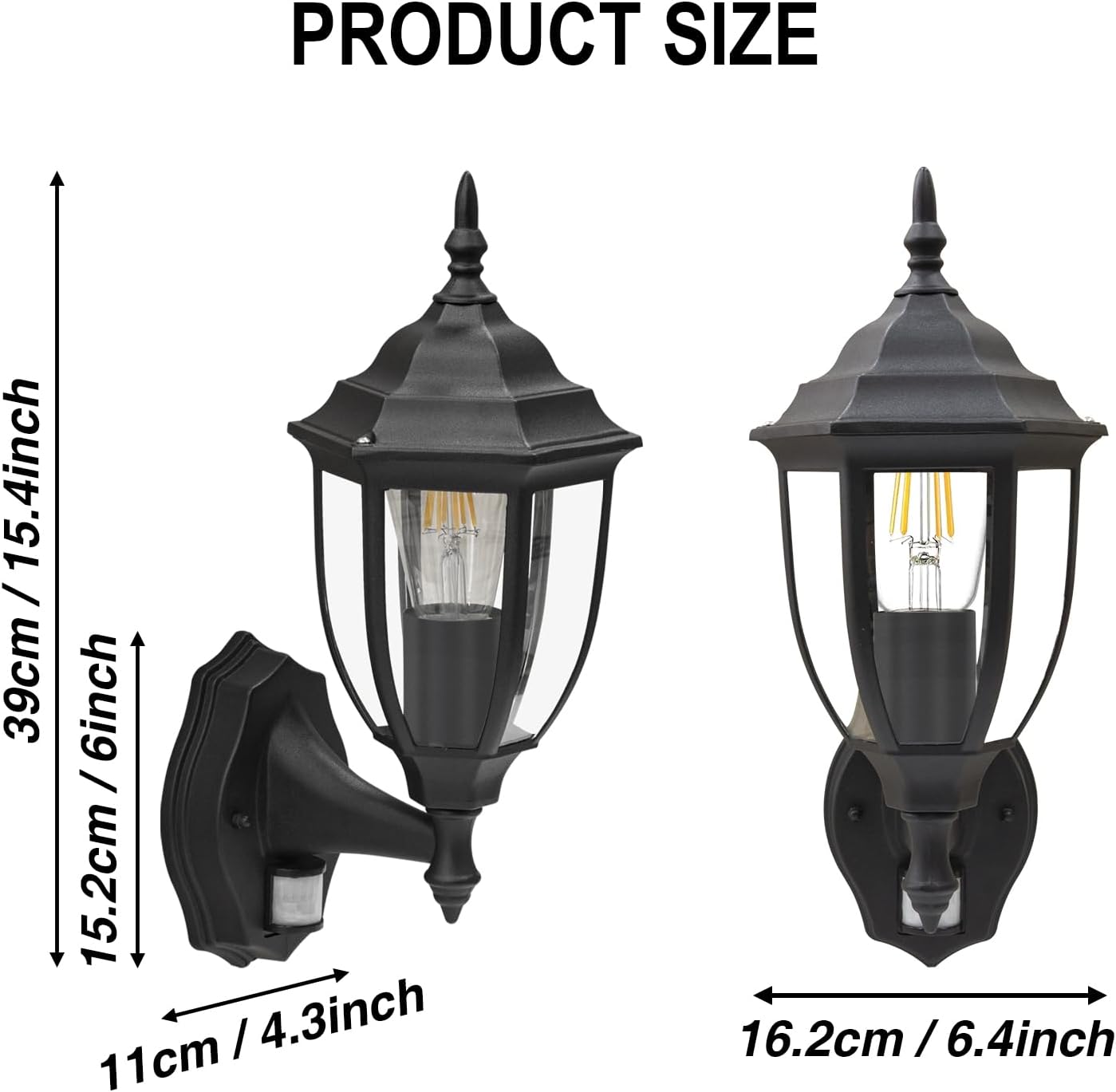 Black outdoor wall lights with dimensions on a white background