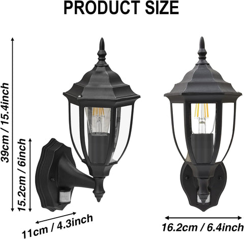 Black outdoor wall lights with dimensions on a white background