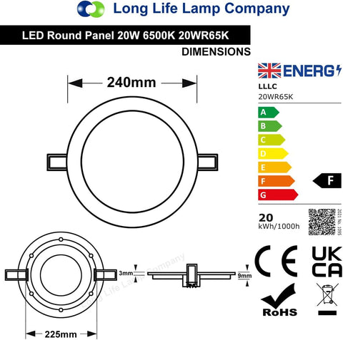 Recessed LED Ceiling Panel Light Round 20w Cool White 6500k 240mm x 240mm Cut Out 225mm Long Life Span