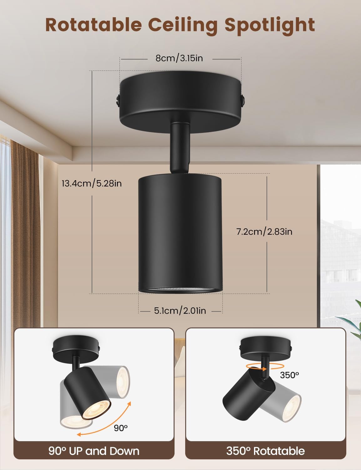 Black rotatable ceiling spotlight with measurements and usage illustrations on a neutral background.