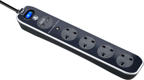 Masterplug Four Socket Switched Inline Power Surge Protected Extension Lead with Two USB Charging Ports, 2 Metres, Gloss Black