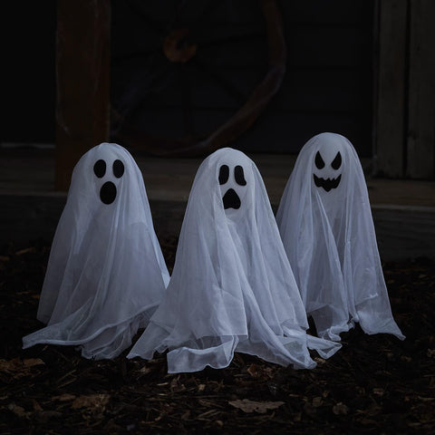 Lights4fun Set of 3 Outdoor Ghost Stake Lights Lawn Pathway Lighthing Battery Operated Light Up LED Halloween Party Props Garden Decoration 40cm