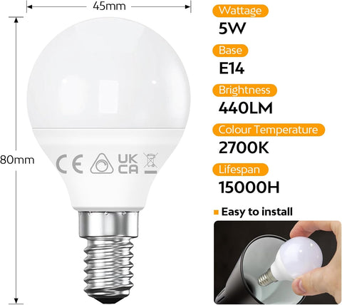 E14 Dimmable LED Bulbs, 2700K Warm White, Small Edison Screw Golf Ball (SES), Energy Saving LED Light Bulbs, 5W (40W Equivalent), 440LM, Long Lifespan, Pack of 6 [Energy Class F]