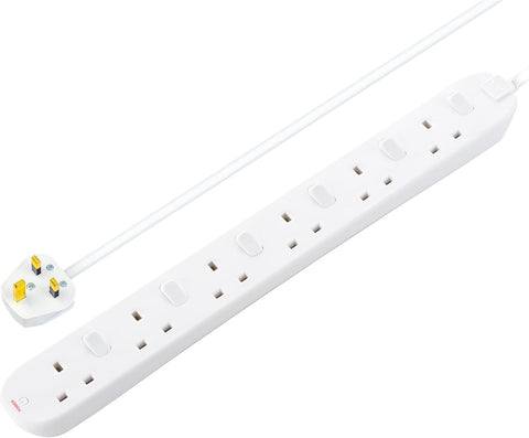Masterplug Six Socket Extension Lead, 2 Metre Cable, Individual Switches, Power and Surge LED Indicators, 6-Way Plug Extension Cable, Power Strip, White, 13A, 6G, 2m, SWC6210N