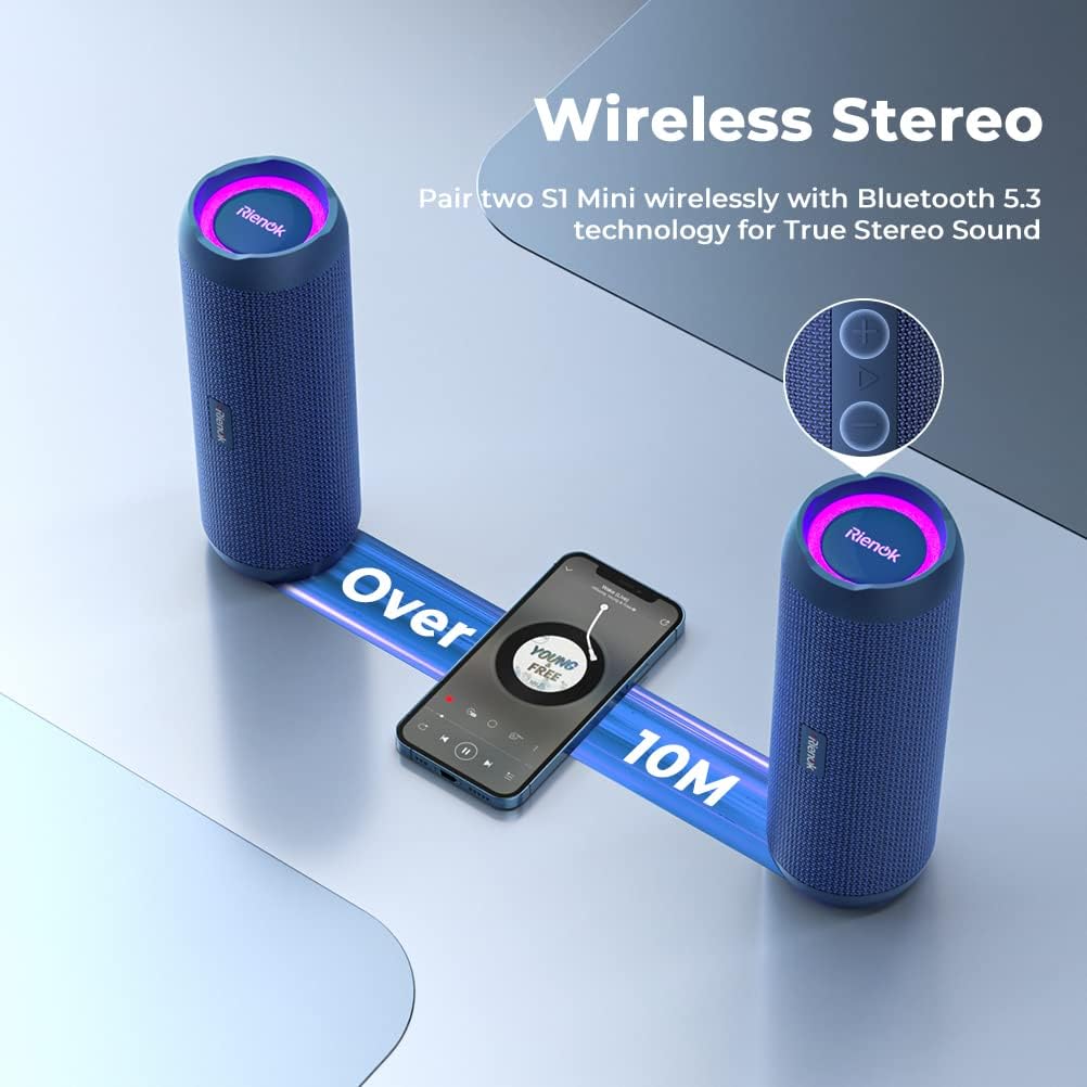 Two blue wireless speakers with a smartphone displaying Bluetooth connection on a light gray background.