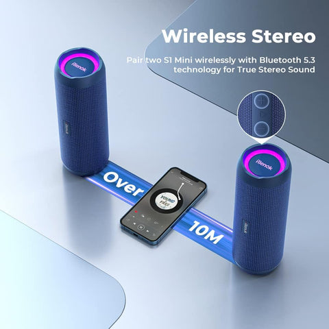 Two blue wireless speakers with a smartphone displaying Bluetooth connection on a light gray background.