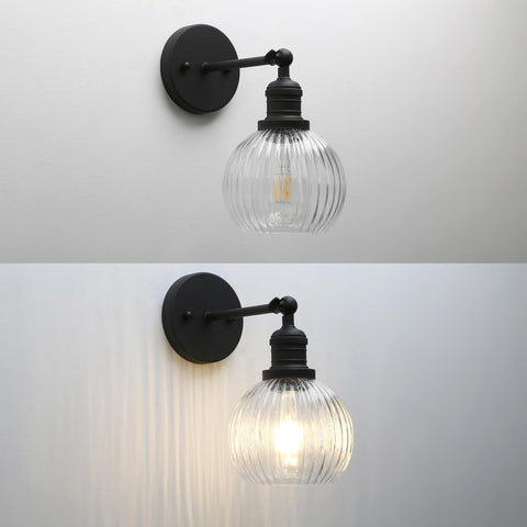 Vintage Wall Light Sconce with Clear Striped Glass Globe Shade, Modern Indoor Wall Vanity Light Fixture for Farmhouse Living Room Bedroom Bathroom