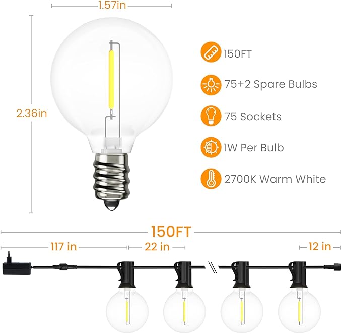 150FT Outdoor Dimmable String Lights Mains Powered Remote Control Festoon Lights,75+2 G40 LED Hanging Bulbs IP44 Waterproof for Garden Terrace Patio Backyard 