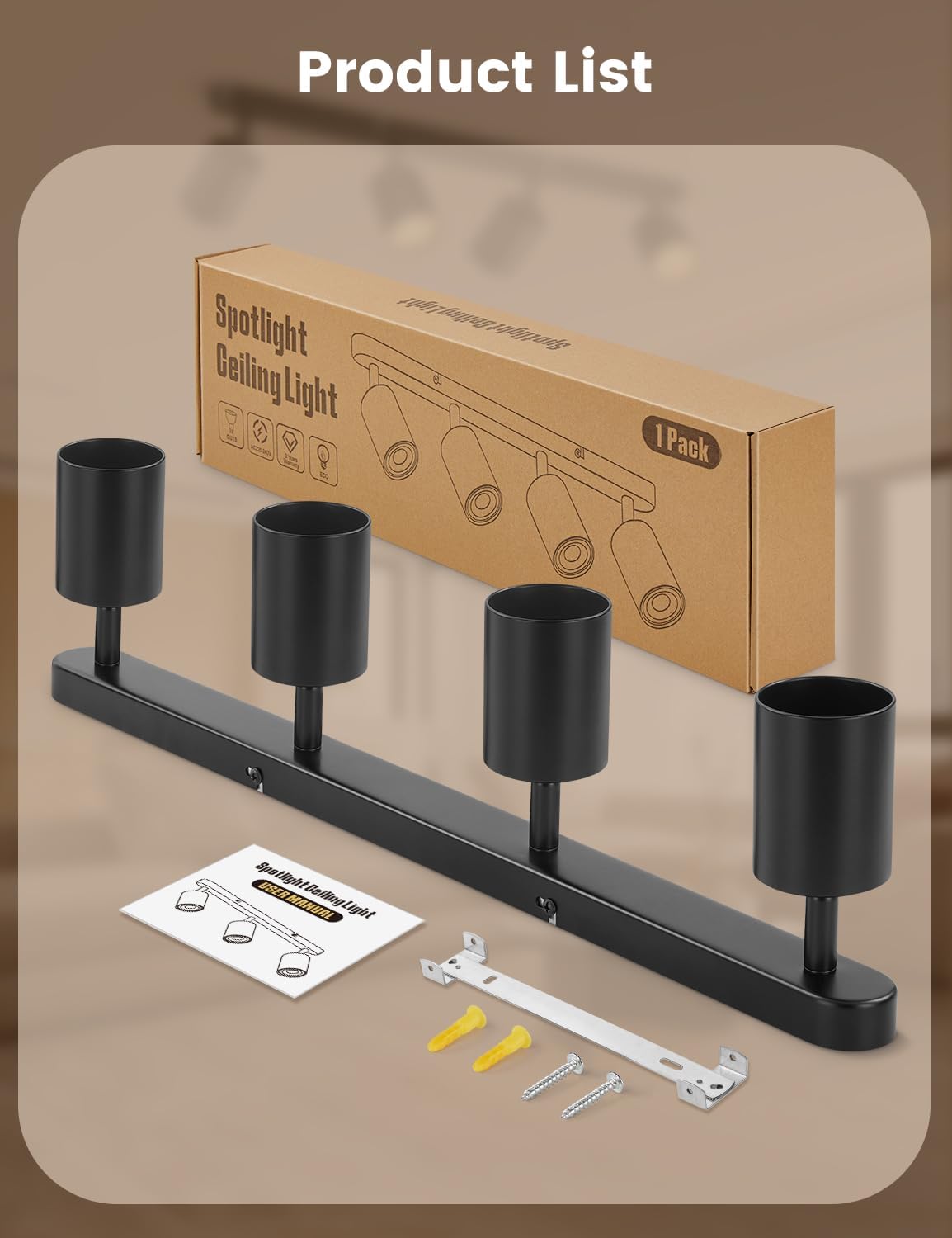 Ceiling light fixture with packaging, installation manual, and tools on a beige background