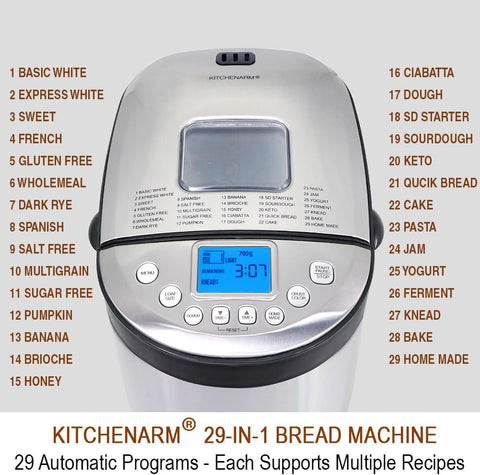 29-in-1 Smart Bread Maker Machine UK Model – Gluten Free, Wholemeal & Homemade Settings – 500g/700g/900g – Stainless Steel Breadmaker with Recipes