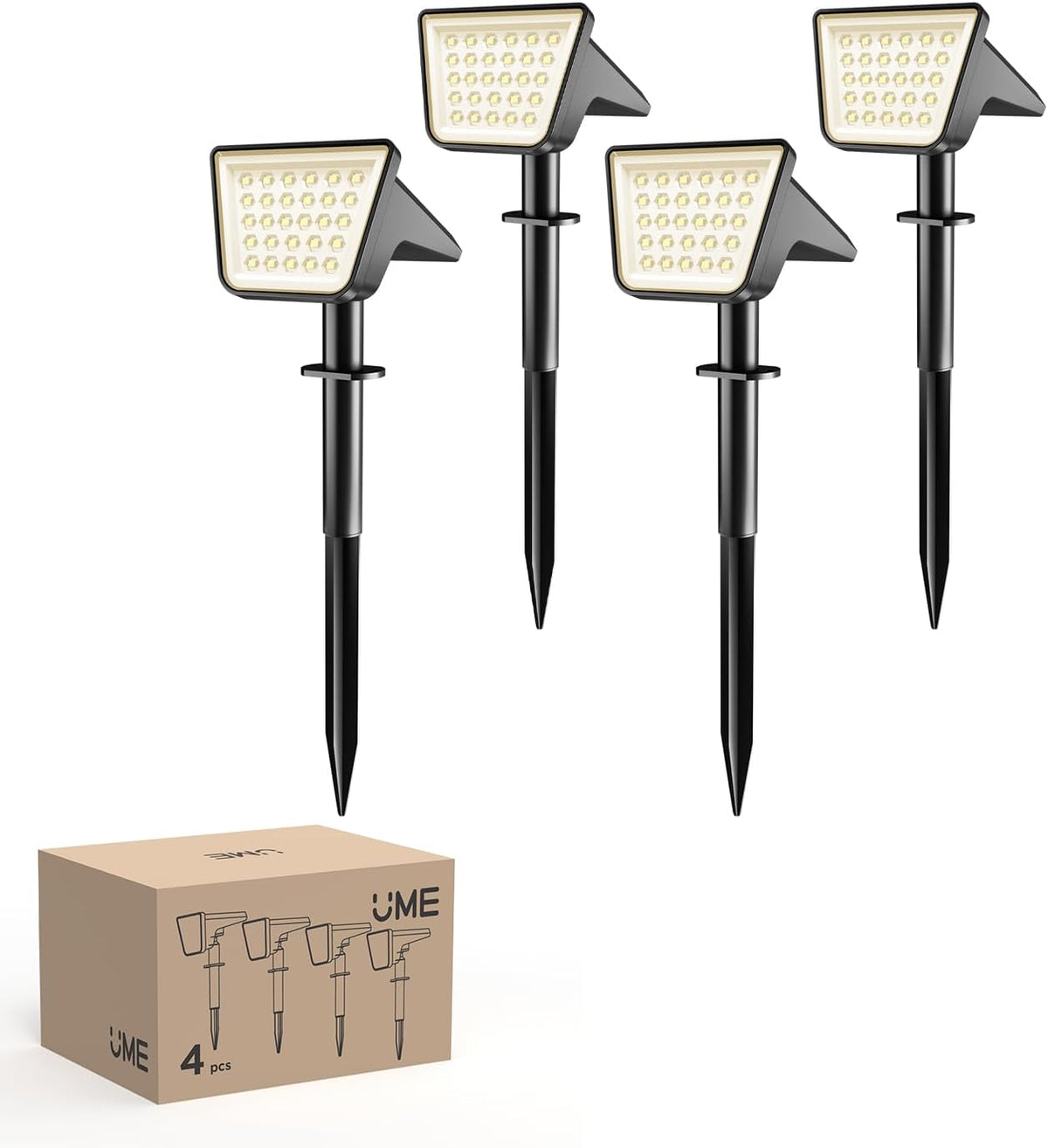 UME 4 Packs Garden Solar Lights Water-Resistant, 28‑LED 3000K Solar spotlights Garden, Dusk‑to‑Dawn Solar Spotlight for Yard, Lawn, Walkway, Driveway