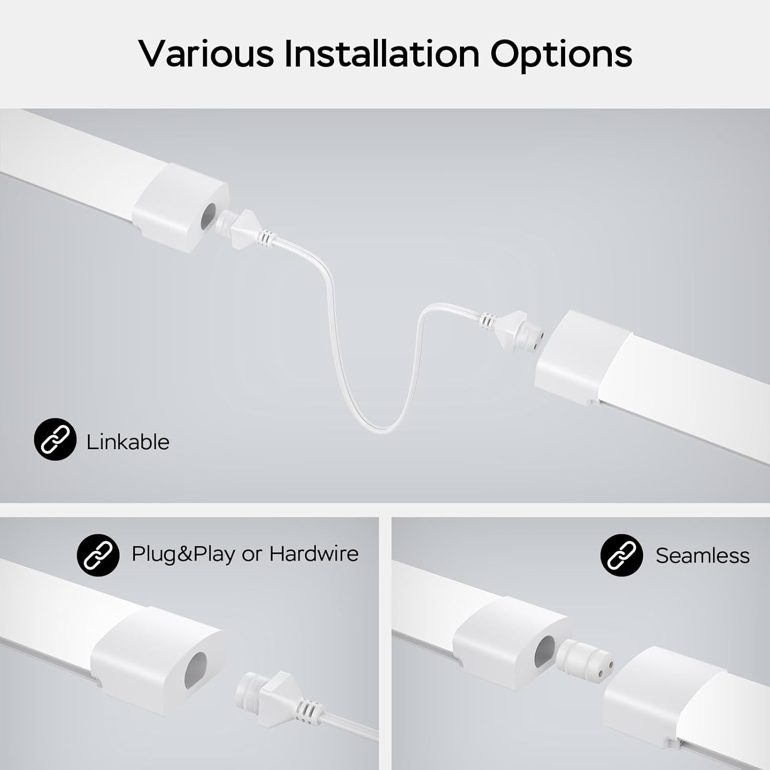 Light fixture installation options with linkable, plug-and-play, and seamless connections on a gray background.
