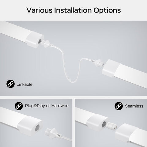 Light fixture installation options with linkable, plug-and-play, and seamless connections on a gray background.