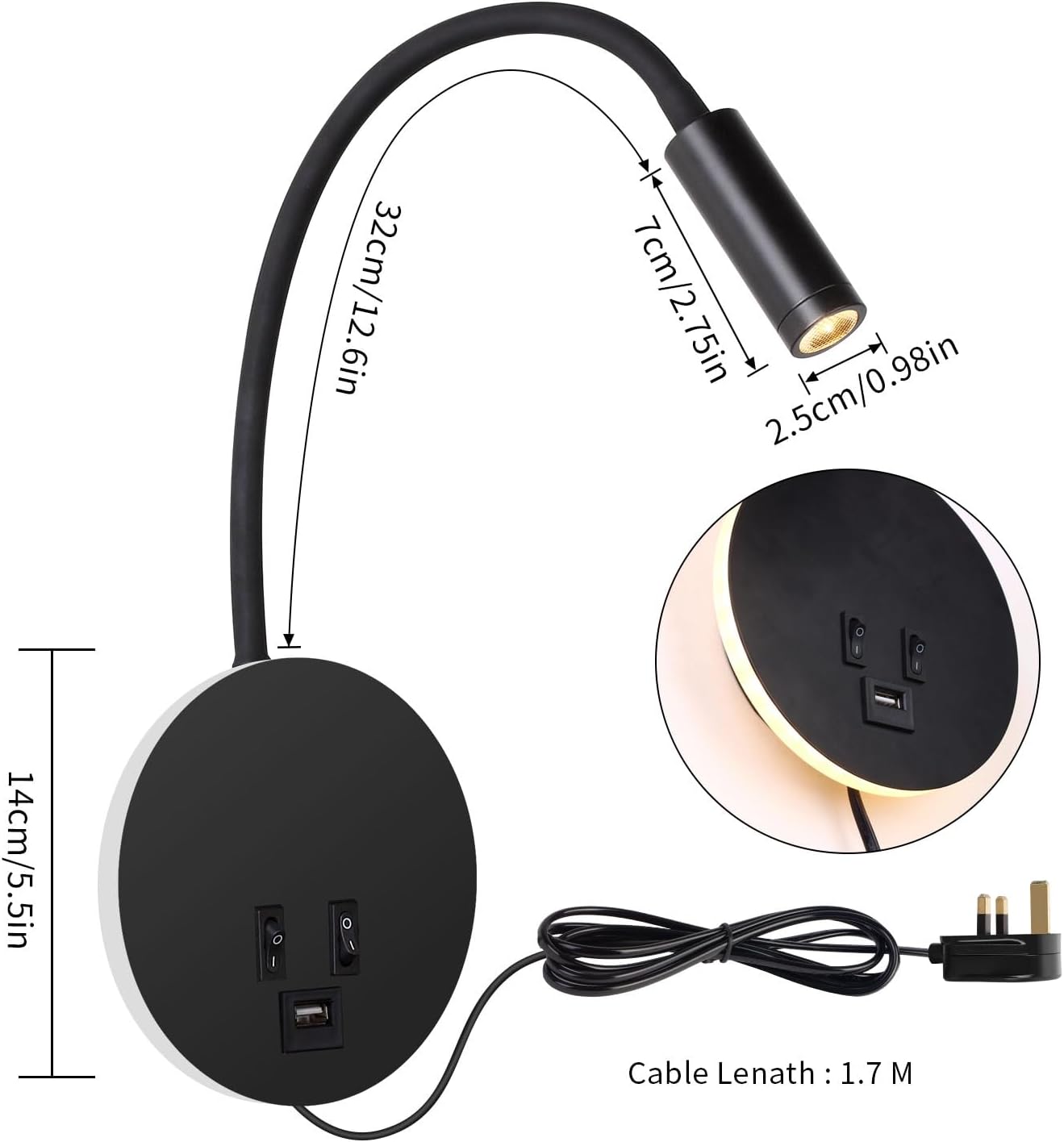 Black desk lamp with USB ports and measurements on a white background
