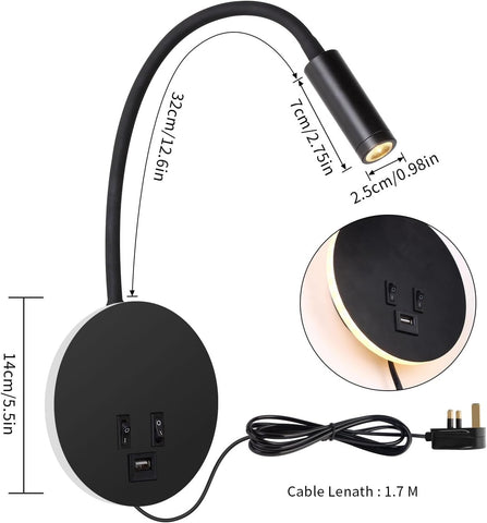 Black desk lamp with USB ports and measurements on a white background