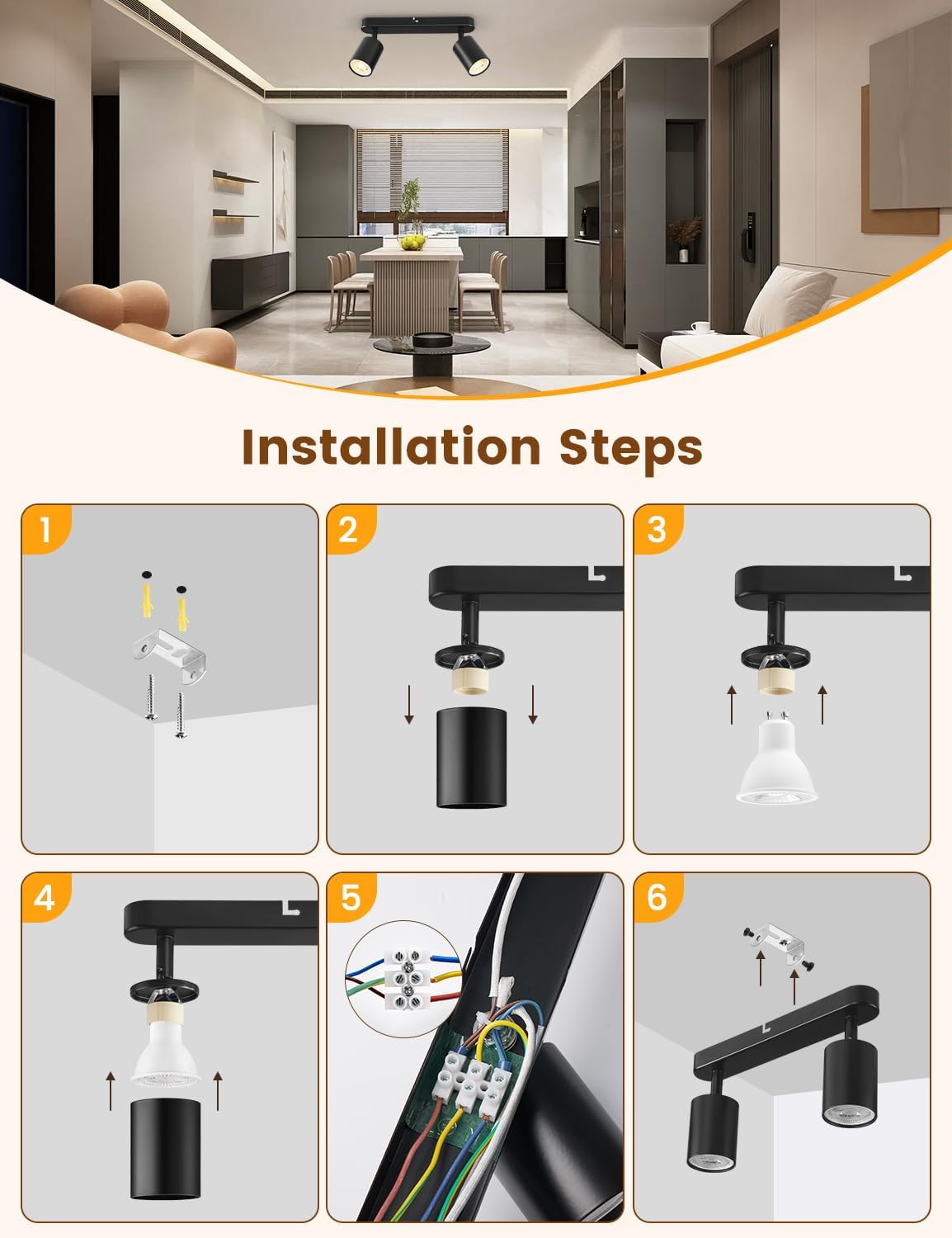 Step-by-step installation guide for a ceiling light fixture in a modern home setting.