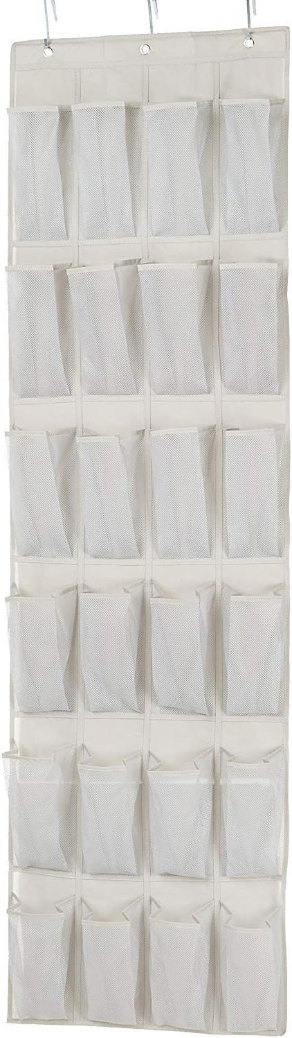 Amazon Basics 24-Pocket Over Door Shoe Organiser, Light Grey Mesh Hanging Storage Rack for 12 Pairs of Larger Shoes, Space-Saving Door-Mounted Storage