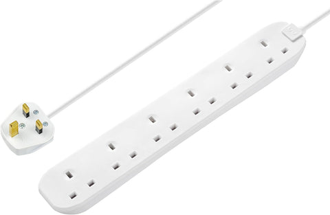 Masterplug Six Socket Extension Lead, 1 Metre Cable, Unswitched, 6-Way Plug Extension Cable, Power Strip, Basic Power, White, 13A, 6G, 1m, BSG110N