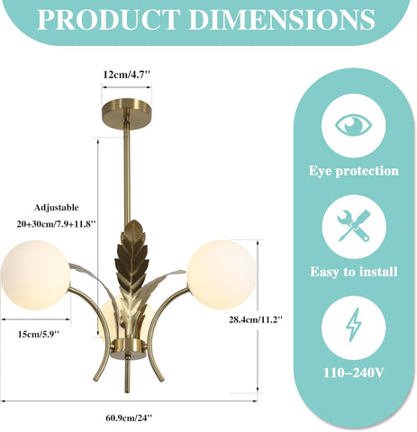 Chandelier with dimensions and features on a white background
