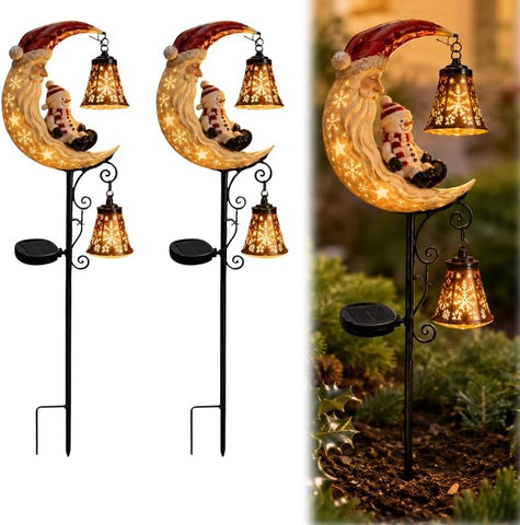 Solar Powered Christmas Moon Garden Stake Light, Metal Outdoor Decorative Pathway Lighting, Waterproof Holiday Landscape Lamp for Patio Lawn Yard Walkway Decoration，2PCS