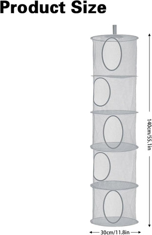 5-Tier Hanging Toy Storage Net, Grey Foldable Polyester Mesh Organiser for Teddy Bears, Soft Toys, Clothes and Bedroom Storage