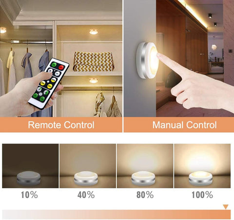 6 Pack Wireless Under Cabinet LED Puck Lights with Remote Control – Dimmable Battery Powered Cupboard, Wardrobe & Kitchen Lights - Put the Right Light Exactly Where You Need It