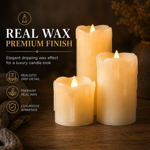Festive Lights Set of 3 Real Wax Flameless LED Pillar Candles – Warm White Flickering Battery Operated Candles with Dripping Wax Effect for Home, Weddings & Events