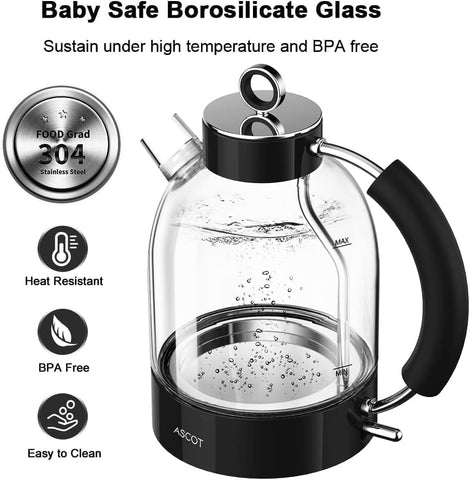 Glass Electric Kettle 1.5L – Fast Boil Tea Heater & Hot Water Boiler – Borosilicate Glass – Auto Shut-Off, Boil-Dry Protection – Black