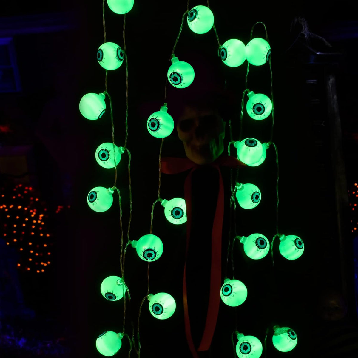 5M 30 LED Halloween Eyeball String Lights – Battery Powered Green Outdoor Halloween Decorations with 8 Lighting Modes for Garden, Porch, Fence & Parties