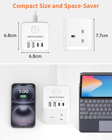 Compact power adapter with dimensions shown next to a smartphone, laptop, and tablet on a white background.