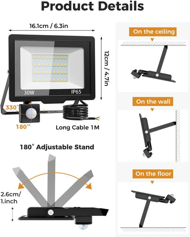 Outdoor Security Lights Motion Sensor 30W LED Floodlight IP65 2 Pack