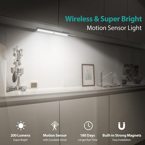 BLS T401 LED Closet Light 200 Lumen – Rechargeable Wireless Motion Sensor Under Cabinet Light, 6000K Clean White for Cupboards, Wardrobes & Kitchens - Light Up Dark Corners Without the Wiring Hassle