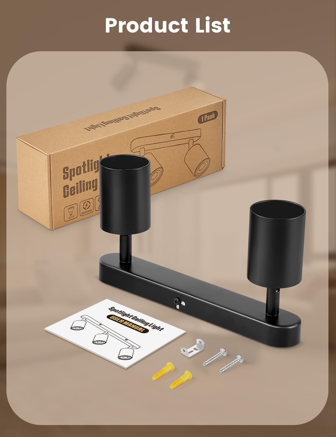 Black wall-mounted light fixture with packaging and installation instructions on a beige background