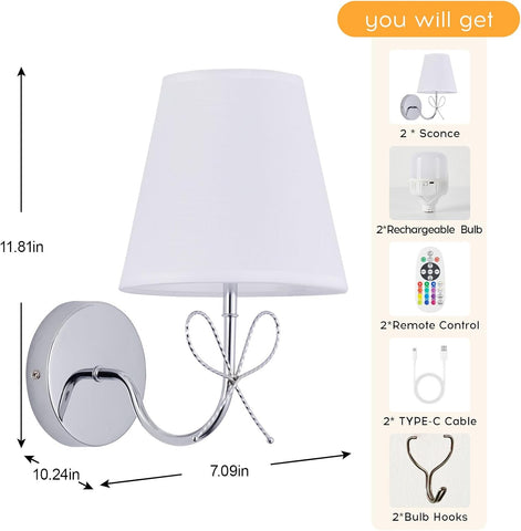 Wireless Battery Operated Wall Lights Set of 2 Chrome