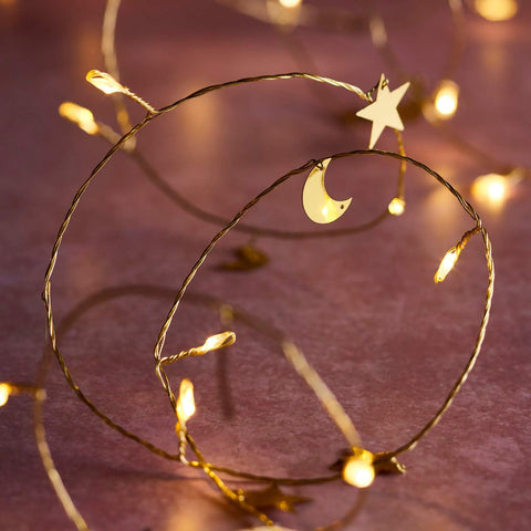 20 Moon & Stars Micro LED String Lights – Warm White Battery Operated Ramadan Decoration with Timer, 2m Indoor Use