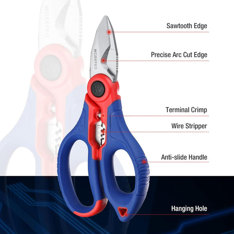 WORKPRO Electricians Scissors with Wire Stripper, 6-1/2 INCH(163MM), Multi-Function Stainless Steel Electricians Shears with Belt Clip Sheath