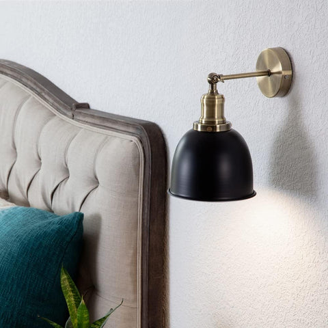 Retro Antique Brass Wall Light with Black Dome Shade
