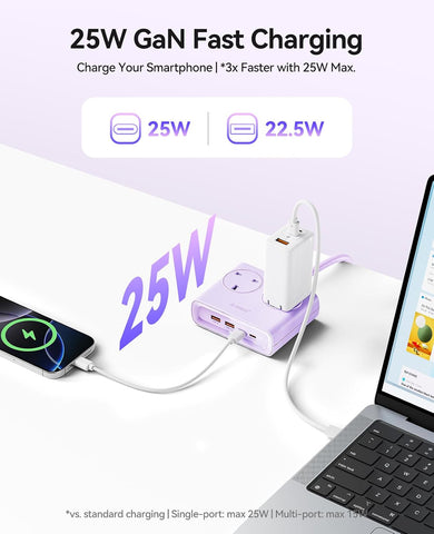 ORICO PD 25W Purple Extension Lead with 2 USB-C & 2 USB-A Ports, 2 AC Sockets and 1.6m Cable – A Smarter, Tidier Way to Power Your Everyday Essentials
