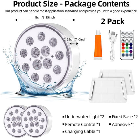 Rechargeable Submersible Pool Lights 2 Pack – IP68 Waterproof LED Underwater Lights with Remote, 16 Colour Changing Modes & Timer for Pools, Hot Tubs, Ponds & Aquariums