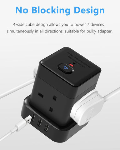 Cube Extension Lead 3M With USB Slots, Baykul 4 Way Extension Cord With 3 USB Ports, Black Long Power Strip With Switch Multi Plug Extension Cable With Overload Protection For Home Travel Office Dorm